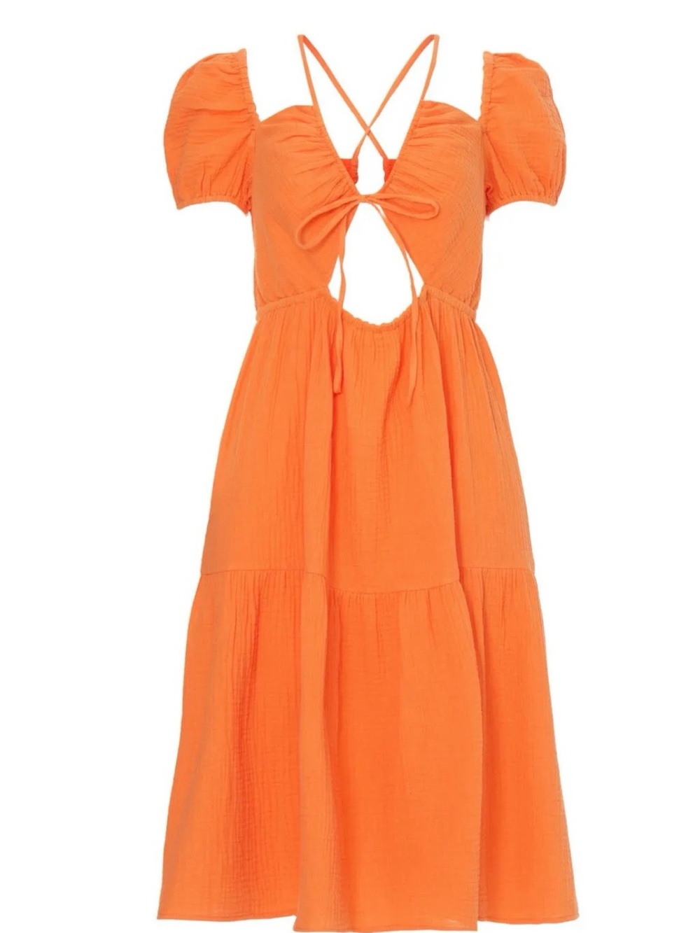 Emilia George Bright Orange Midi Dress with Cutout and Puff Sleeves (maternity?)